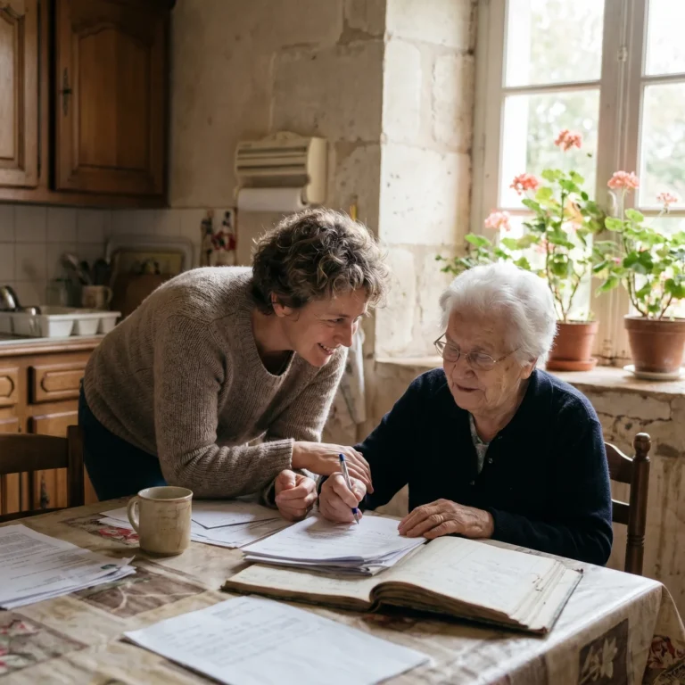 Une aidante aide sa mère âgée à gérer ses papiers et son budget à la maison