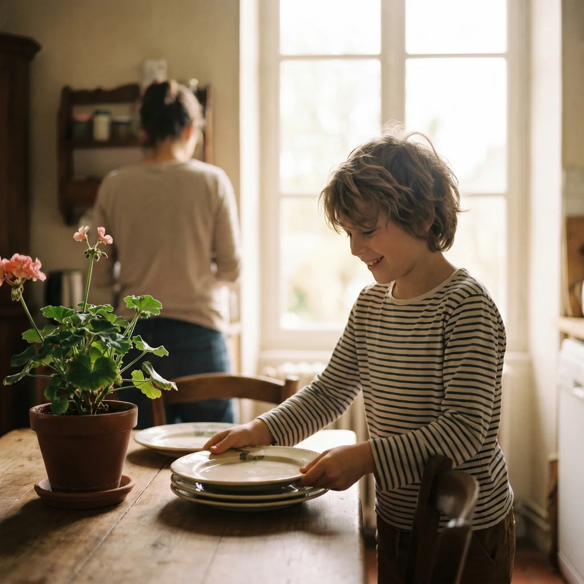 Un enfant aide aux tâches ménagères à la maison, un parent en arrière-plan