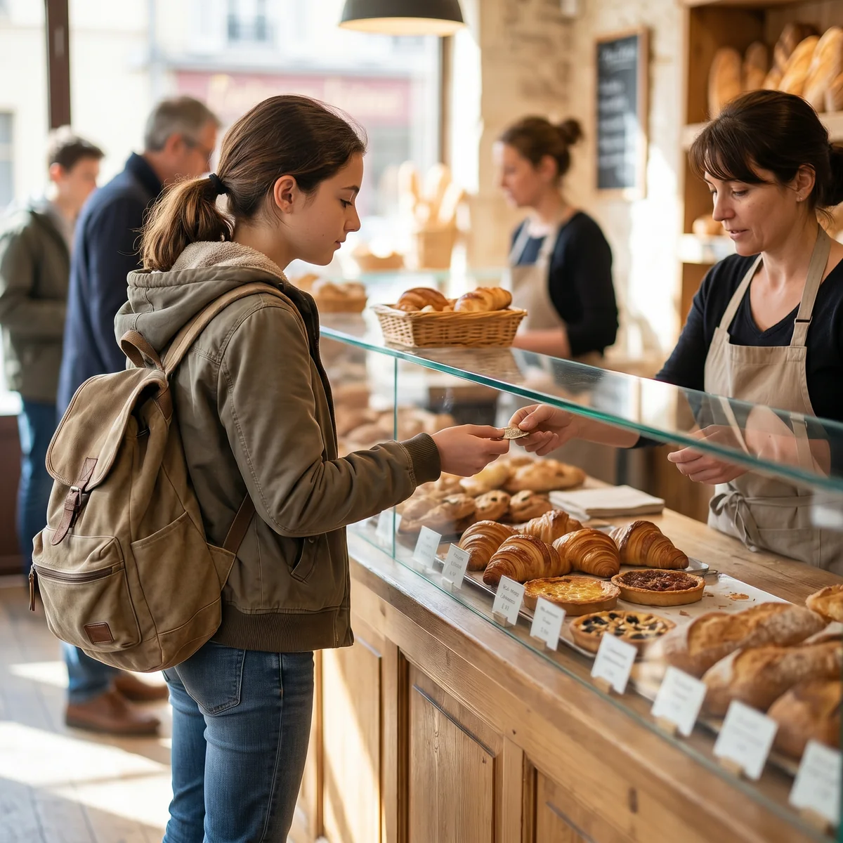 Un collégien avec un sac à dos achète un goûter à la boulangerie