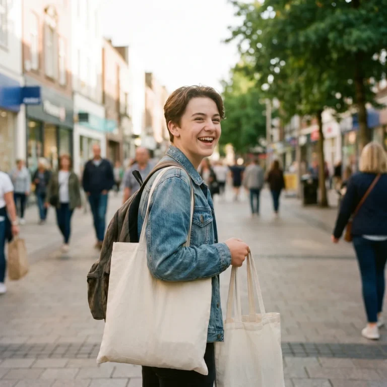 Un adolescent avec des sacs de shopping dans une rue commercante
