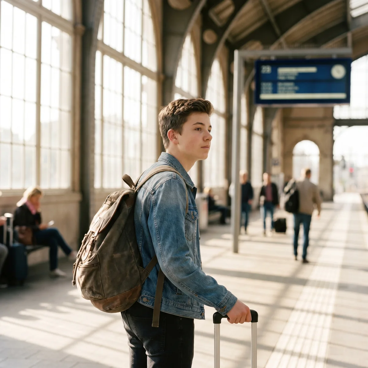 Un adolescent avec un sac a dos pret pour un voyage scolaire a la gare