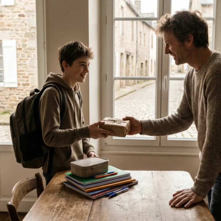 Un parent offre un cadeau de rentree a un adolescent avec un sac a dos