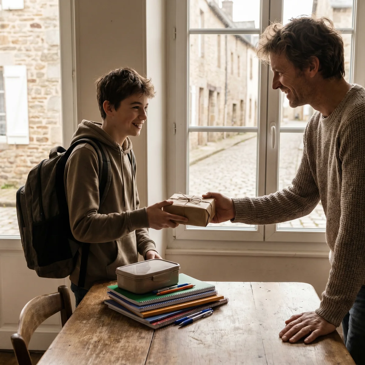 Un parent offre un cadeau de rentree a un adolescent avec un sac a dos