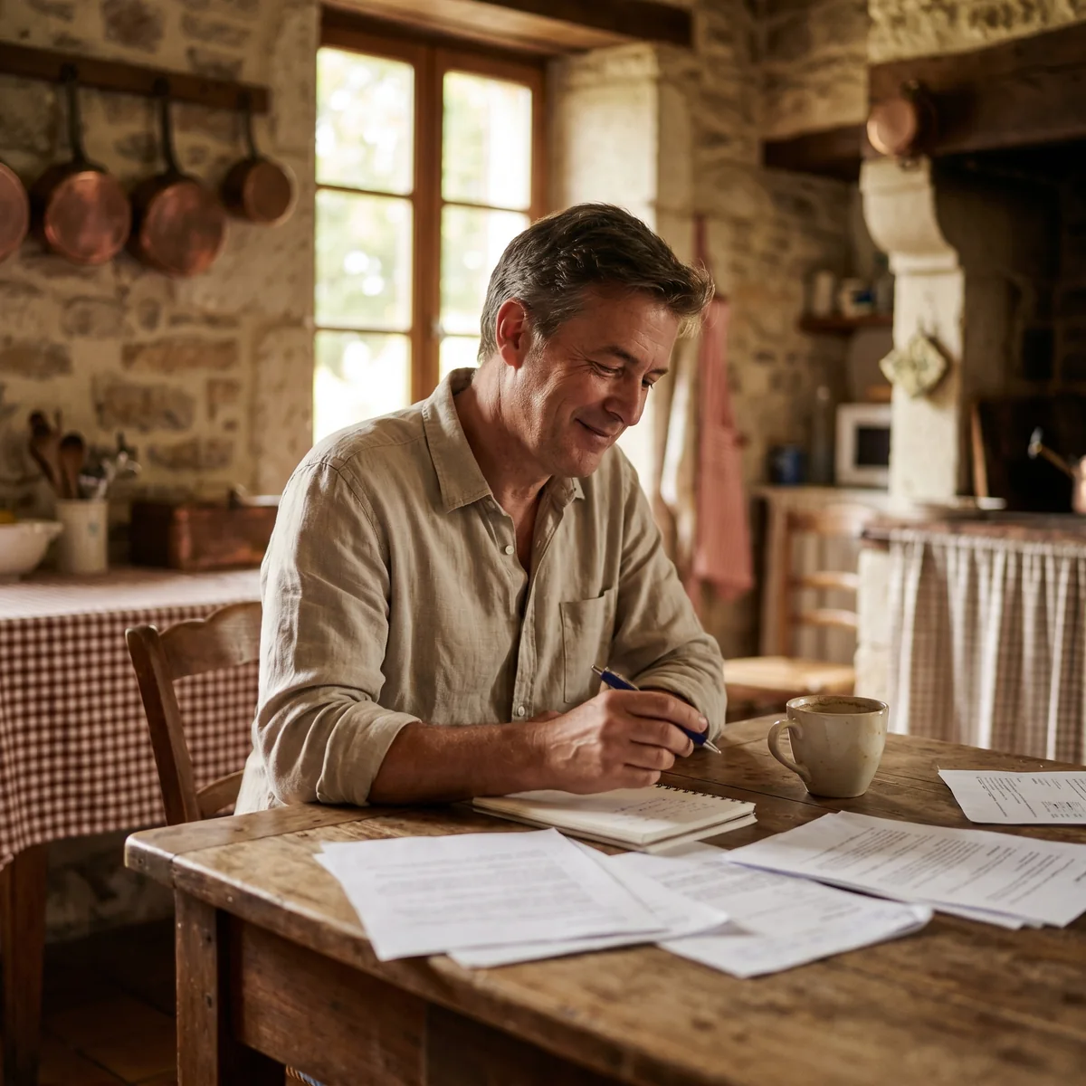 Un parent revoit le budget familial sur papier a la table de cuisine