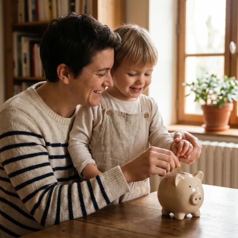 Un parent et un enfant mettent des pieces dans une tirelire