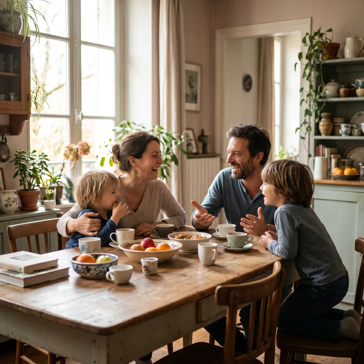 Une famille reunie et souriante autour de la table de cuisine