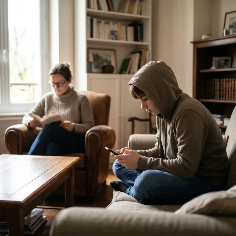 Un adolescent consulte son telephone a la maison, un parent a cote