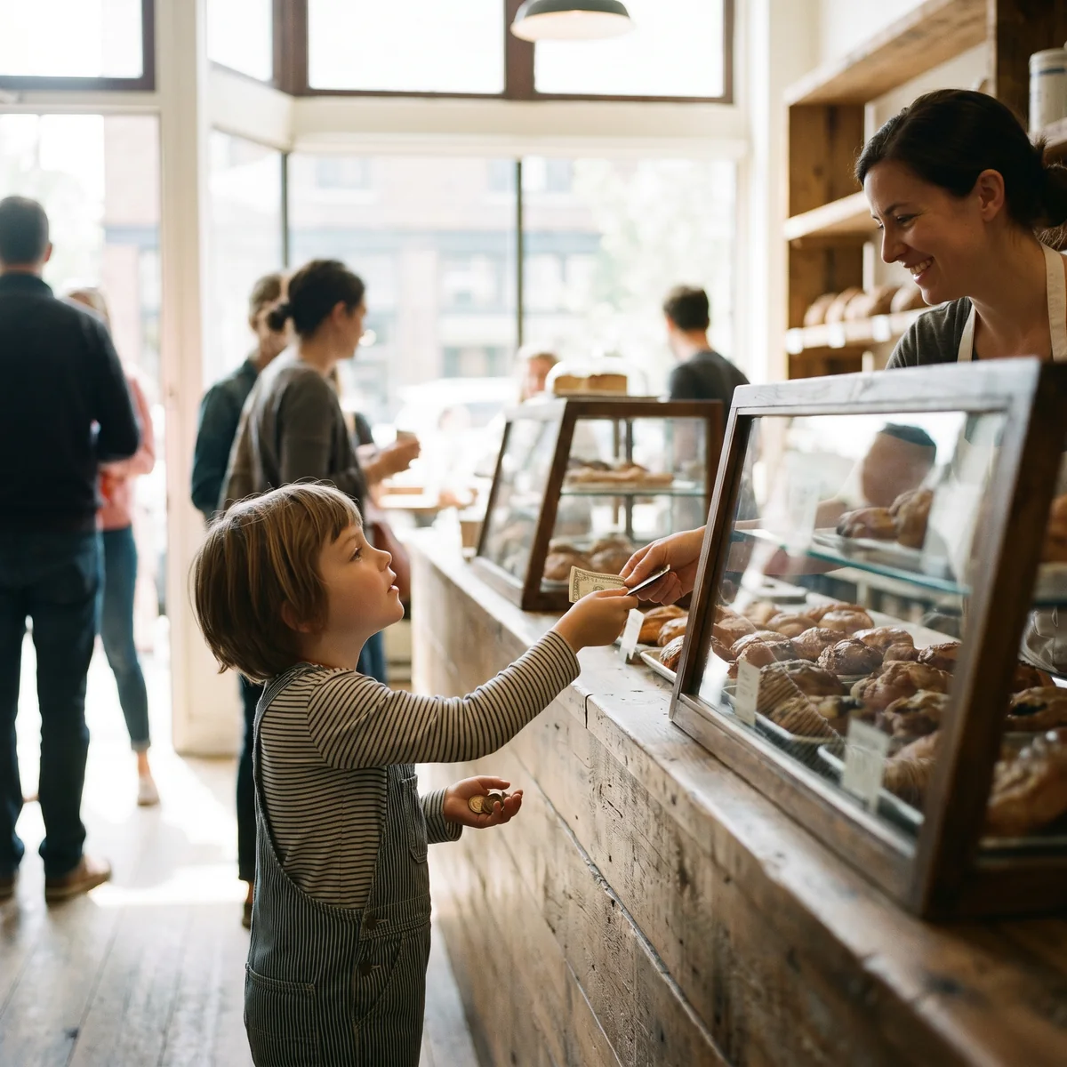 Un enfant fait seul un petit achat a la boulangerie
