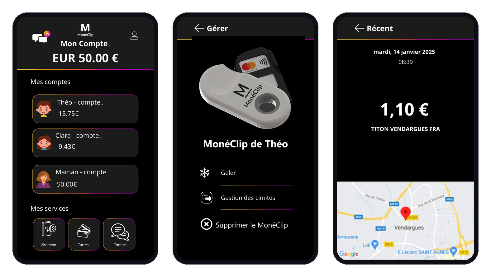 Application MonéClip : gestion du compte et des soldes, plafonds, blocage et géolocalisation des achats