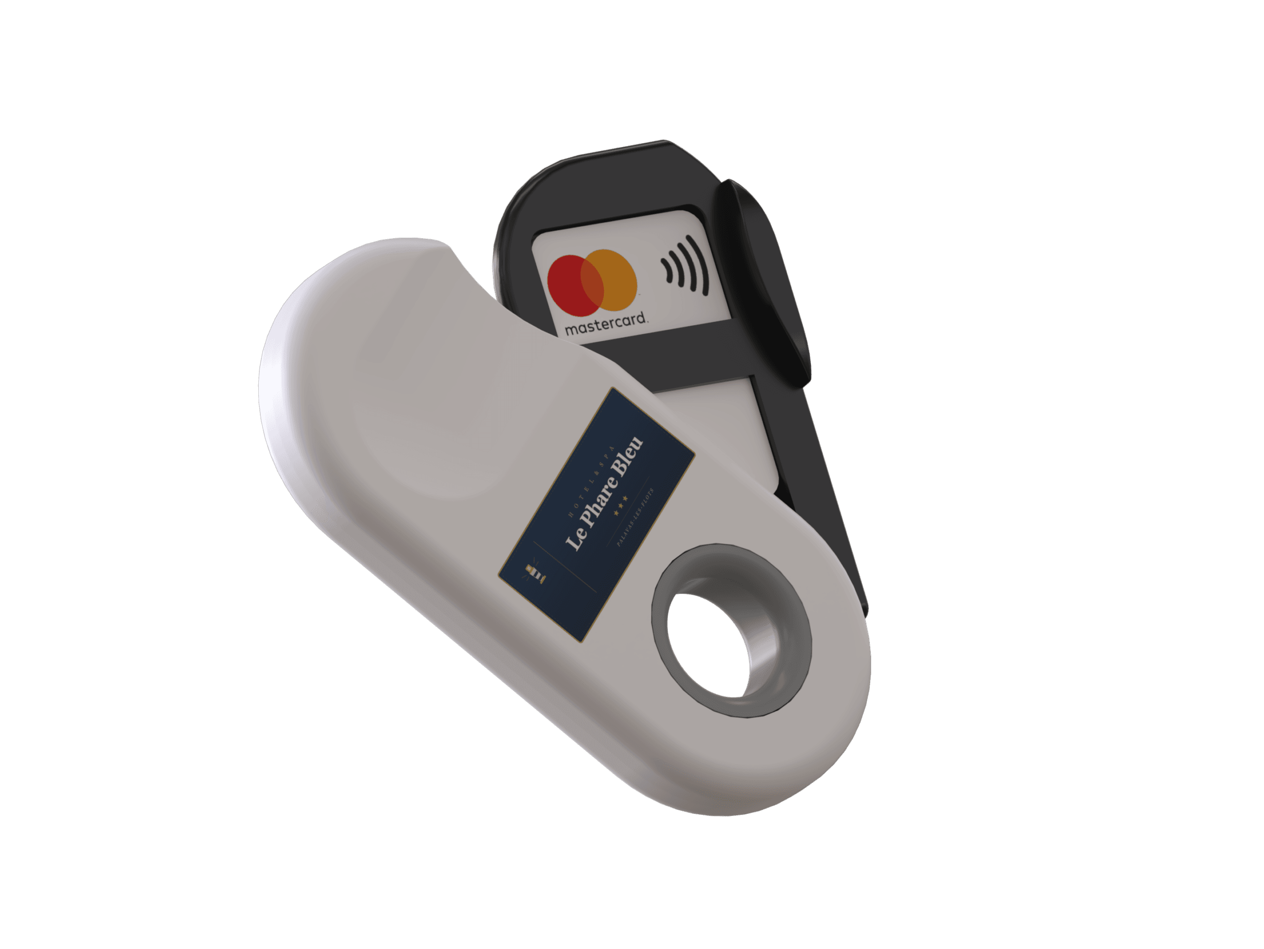 MonéClip blanc personnalisé aux couleurs d’un hôtel, paiement sans contact Mastercard