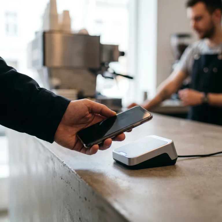 Paiement sans contact avec un smartphone sur un terminal dans un cafe