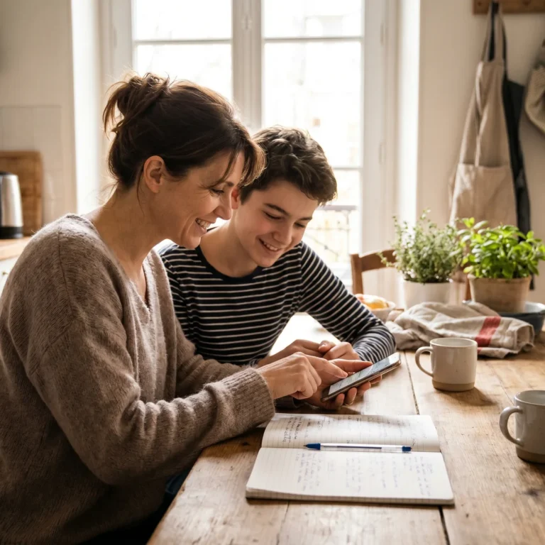 Passeport EDUCFI en 4e : un parent et son ado regardent un smartphone et un cahier de budget à la maison